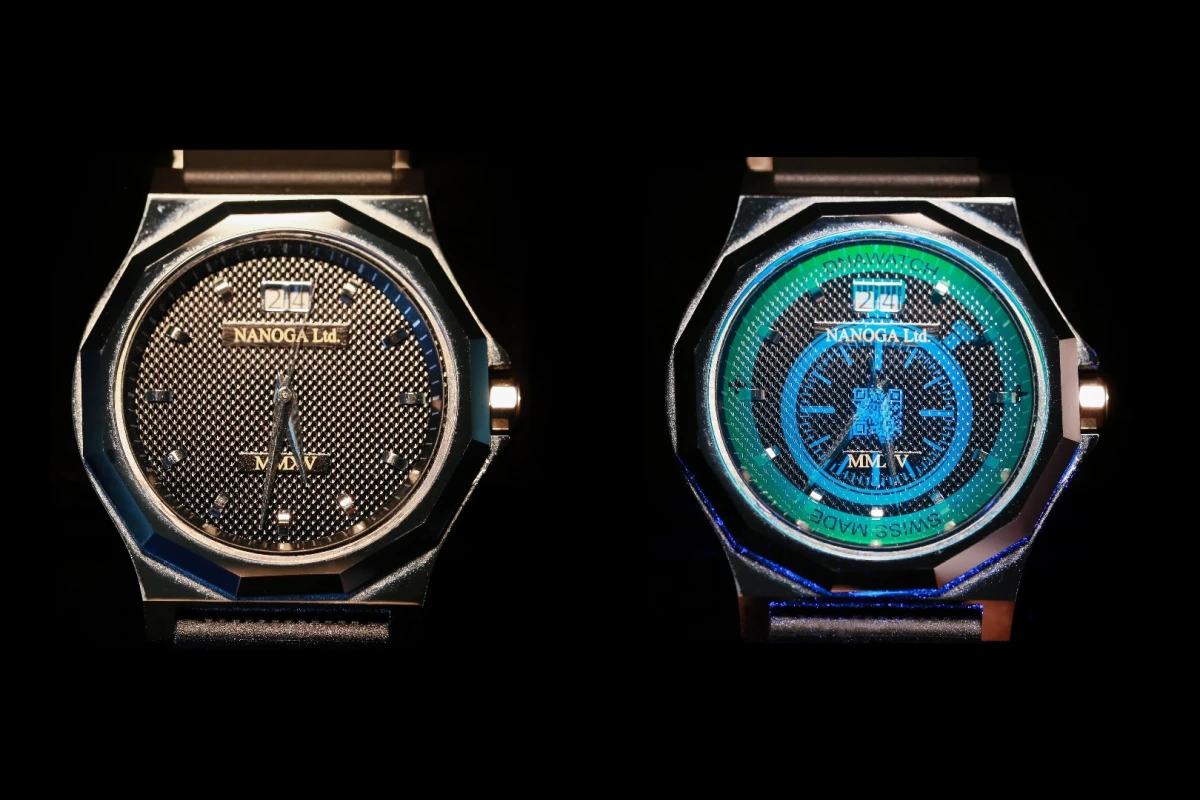 The watermark is invisible under visible light (left), but not when exposed to UV light (right)