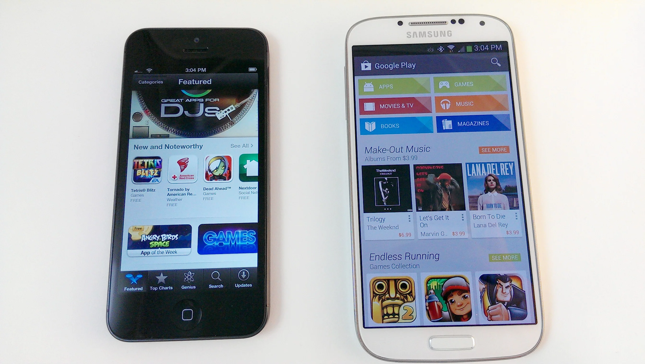 The iPhone gets apps from the App Store; the GS4 gets them from Google Play