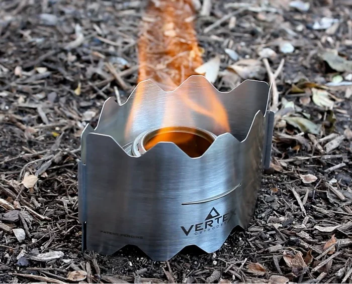 The Vertex Ultralight Backpacking Stove can be used with fuel tablets or an alcohol burner