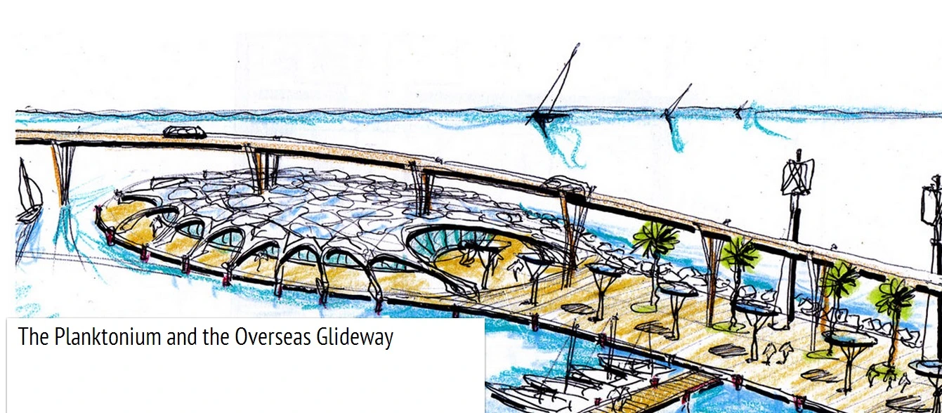 Visitors would be able to reach the futuristic tourist attraction via a pedestrian walkway stretching across the sea from the mainland