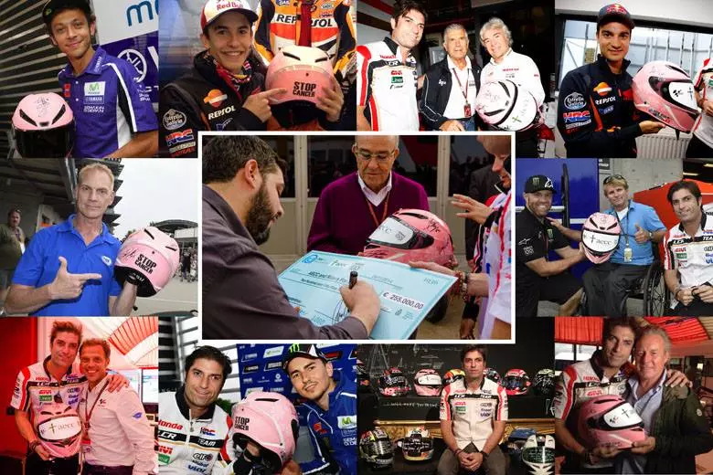 In 2014 all the Champion MotoGP riders signed a helmet to be auctioned for charity. Agostini, Nieto, Rossi, Marquez, Lorenzo, Rainey and many more joined in ... and raised $313,813 for charity.