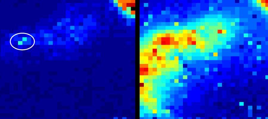 On the right is what a traditional camera picks up when trying to image the scattered light from a scope within the lung, while on the left is the newer system detecting the precise tip of the scope