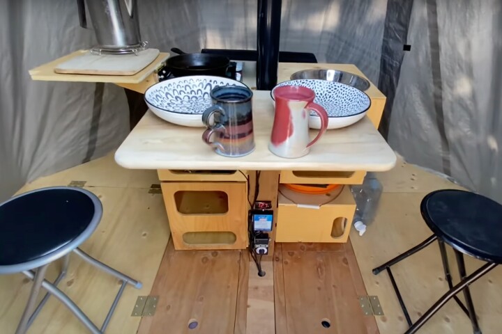 The interior of the Mini Mansion, which folds down into a wheeled cube for relocation