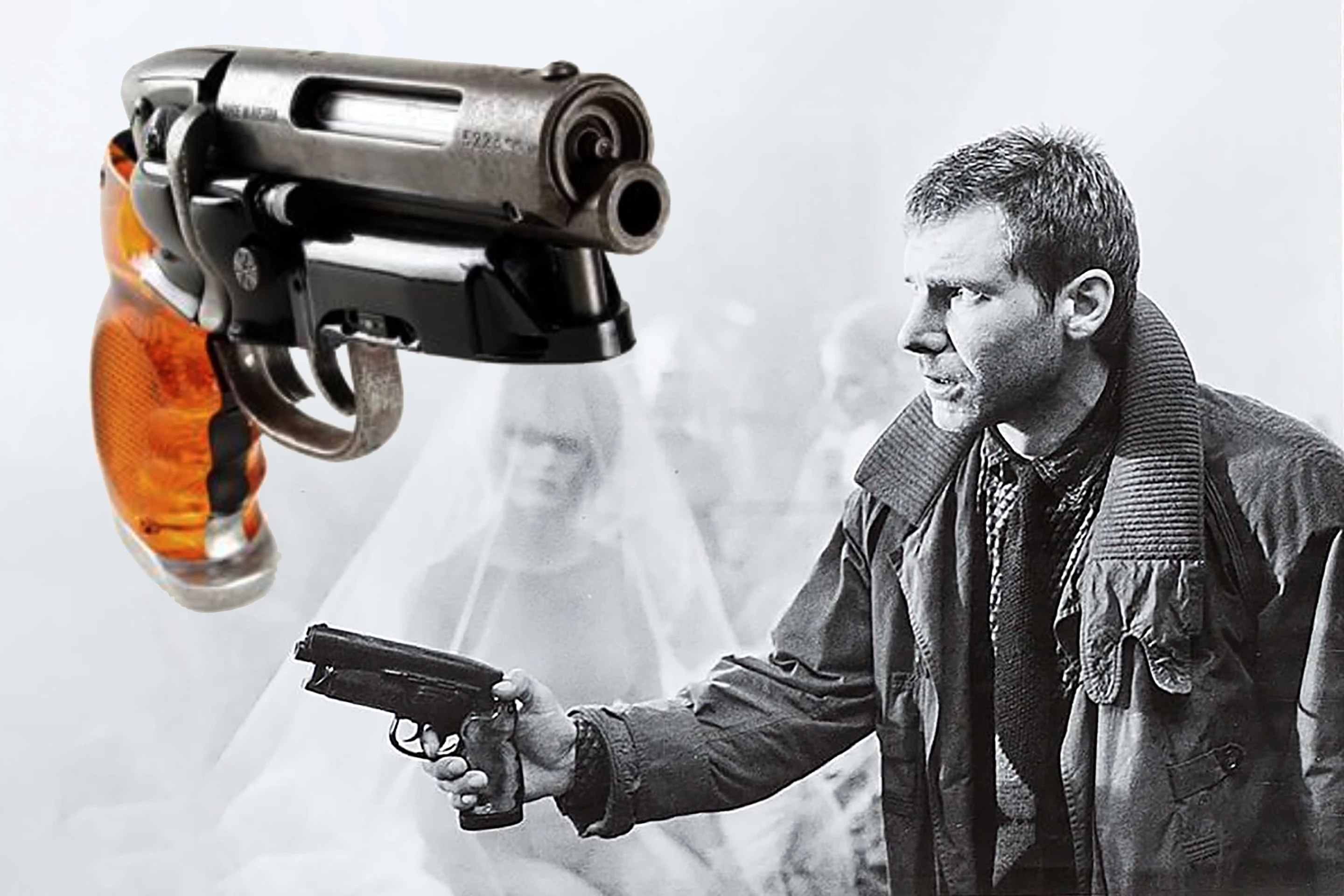 Harrison Ford and the Blaster he used playing Rick Deckard in the Ridley Scott science fiction movie "Blade Runner" (1982).