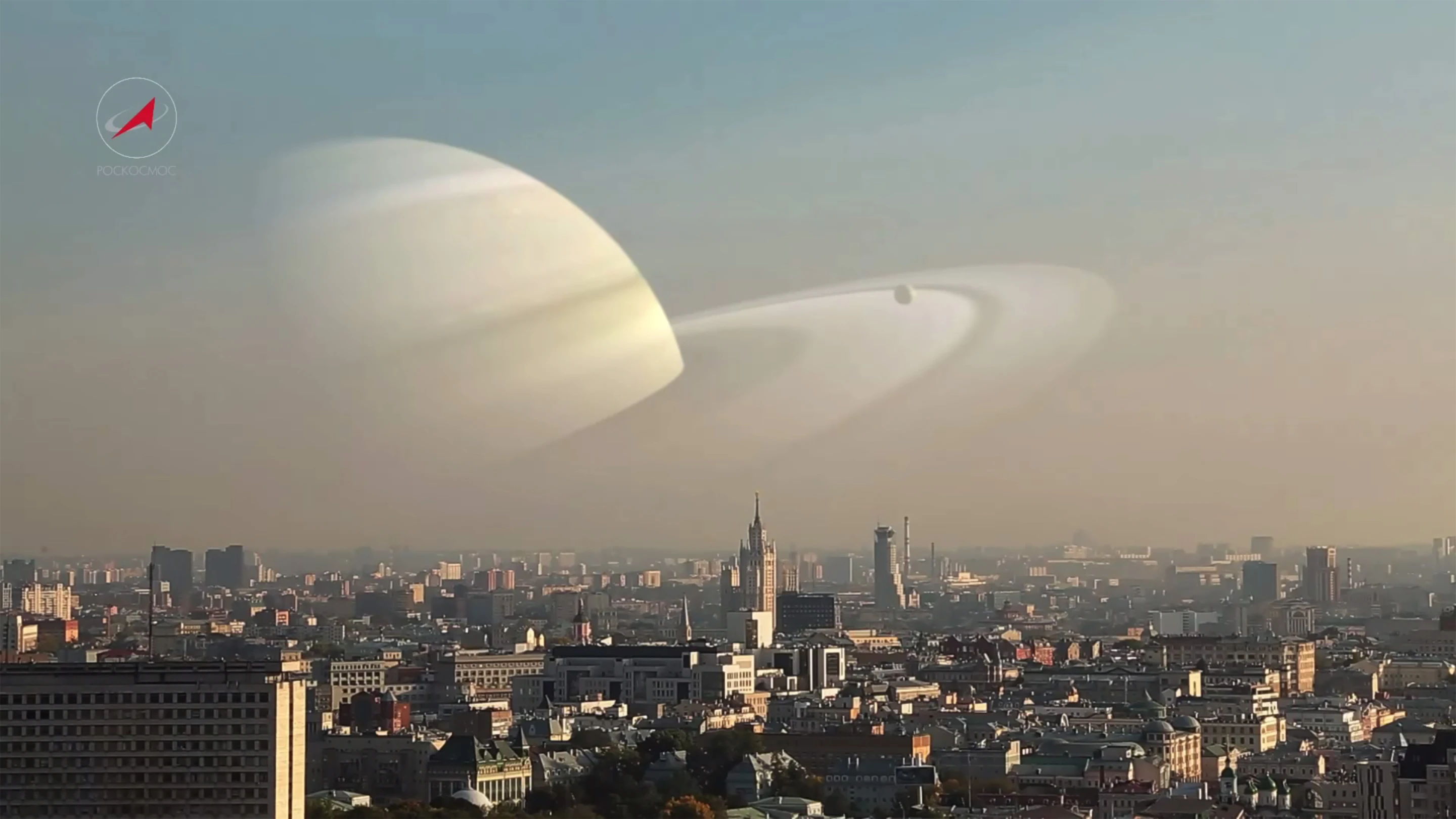 Roscosmos image showing the ringed planet Saturn in place of the Moon (Image: TV Roskosmos)
