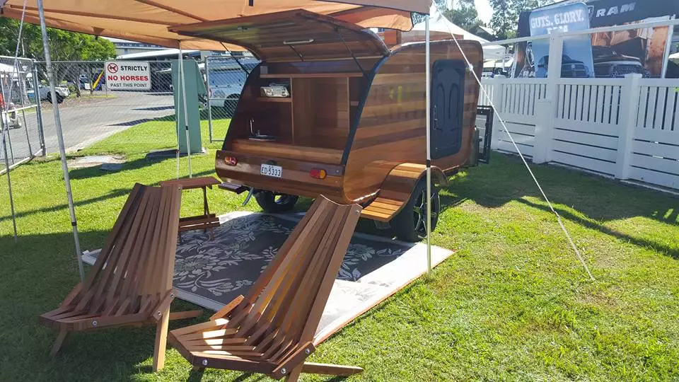 The fully equipped Cedar Teardrop has a stainless steel sink and stove