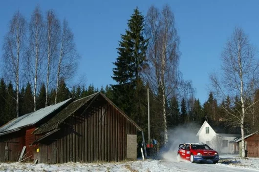 Sebastien Loeb bursts out of the forest in the Swedish Rally