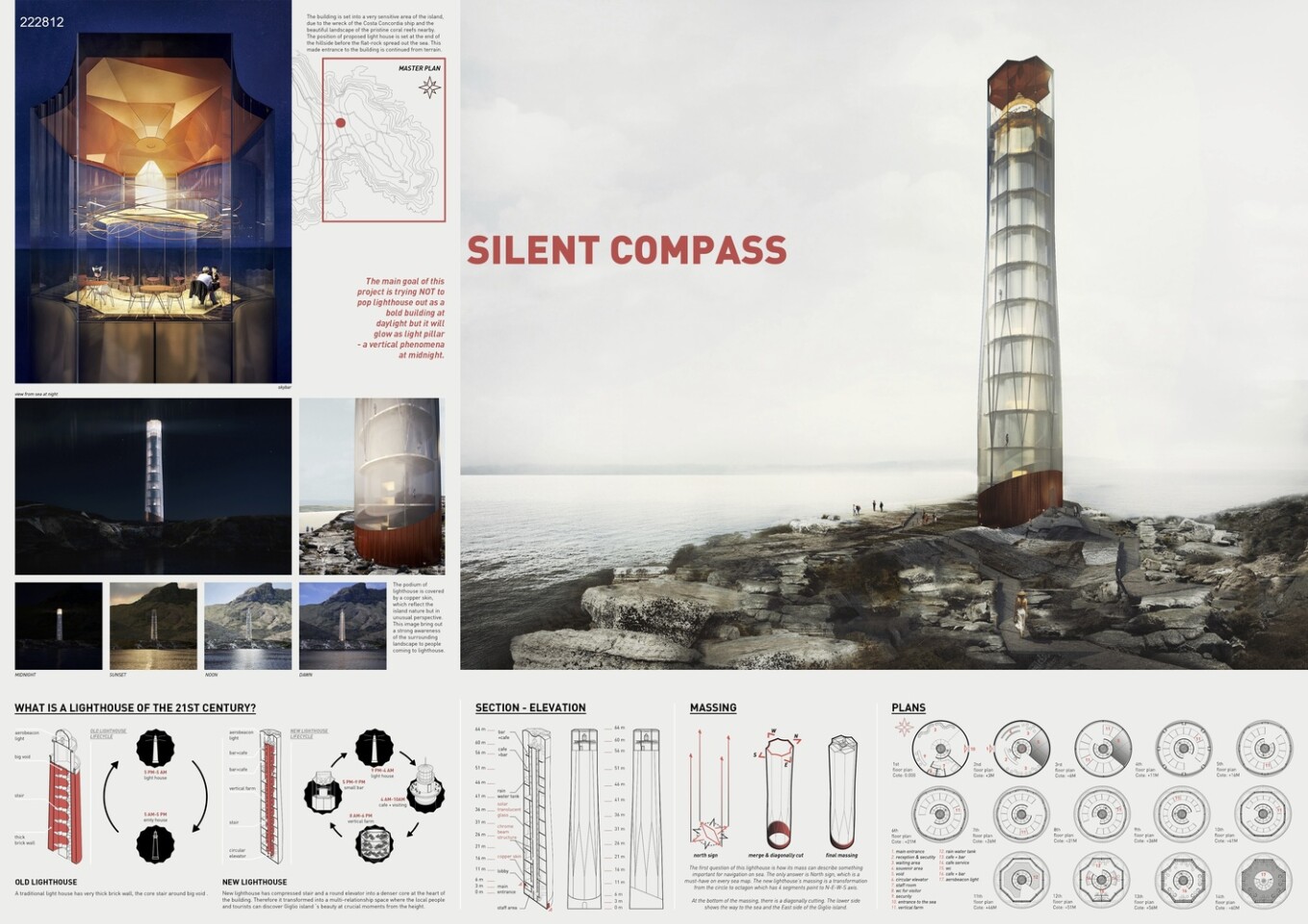 Runner-up Silent Compass heeds the classic lighthouse shape with a tubular structure that rises to a total height of 64 m (209 ft)