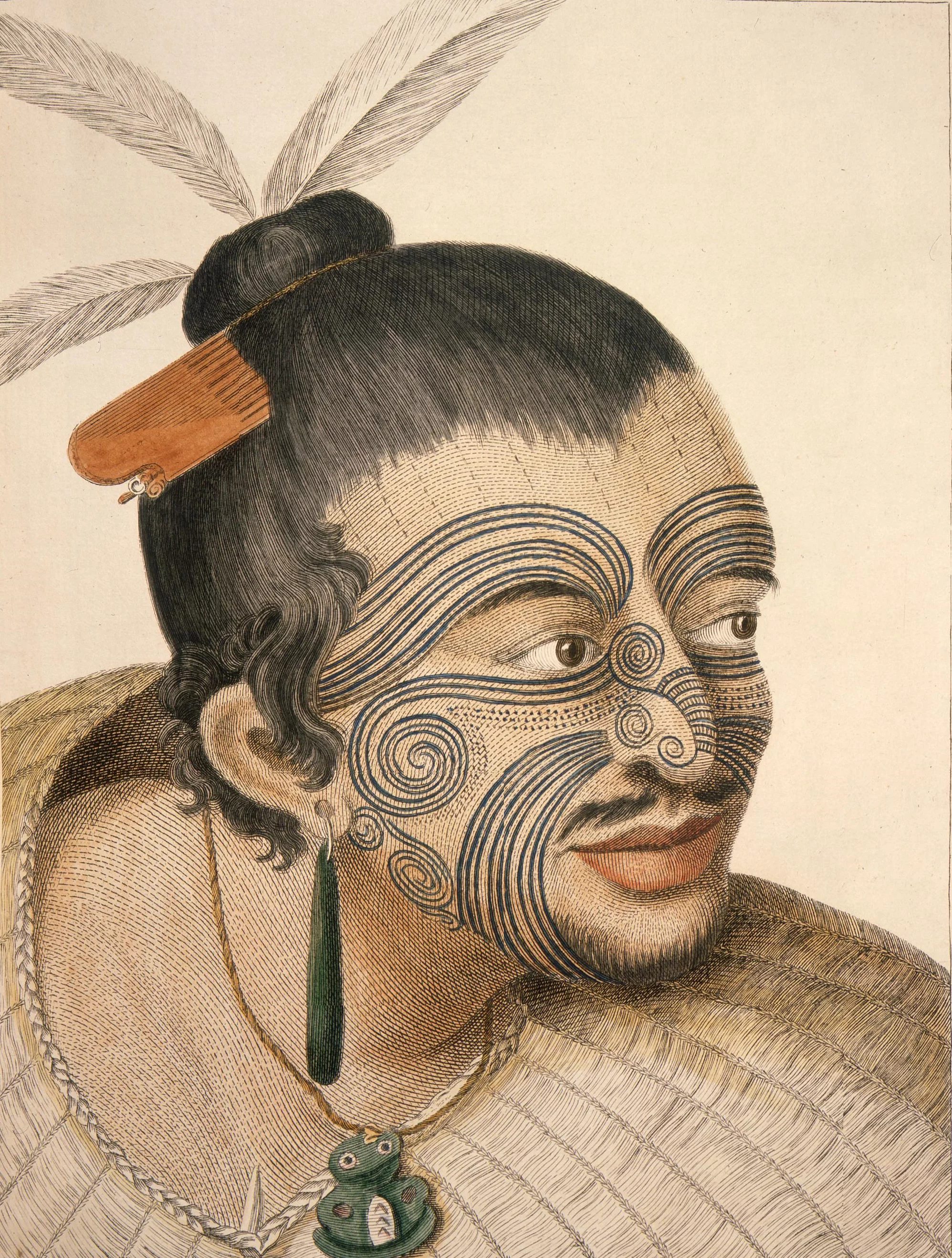 An 18th-century depiction of a Māori man with distinctive Tā moko (Image: Alexander Turnbull Library)