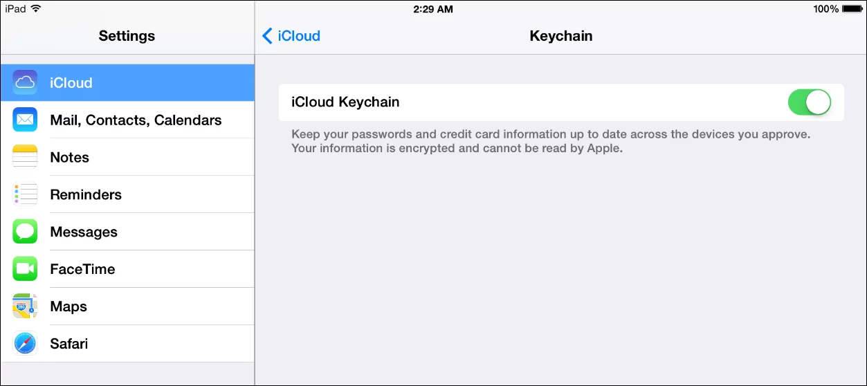 iCloud Keychain is easy to toggle on or off in Settings