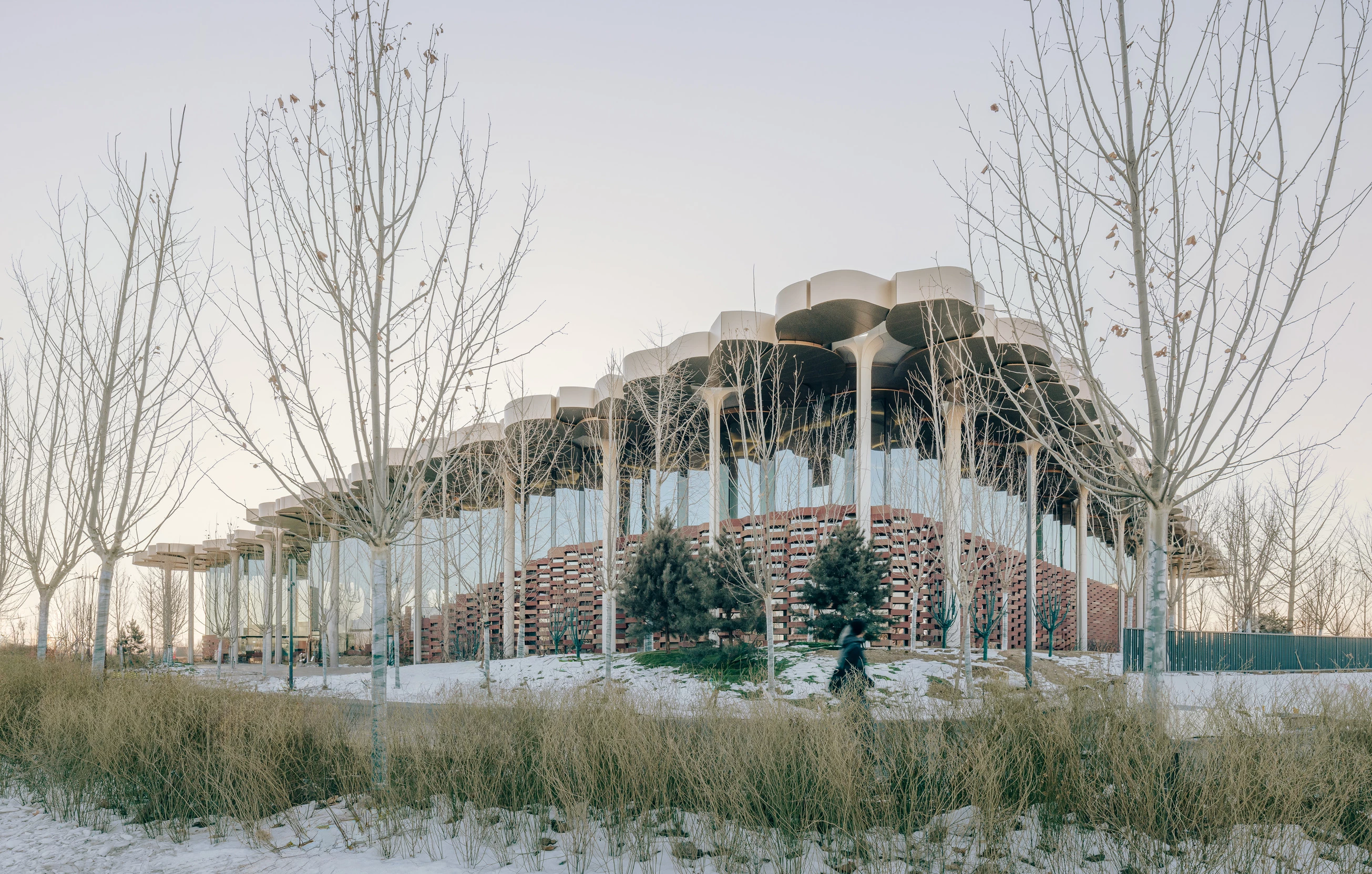 The Beijing City Library's glazing is shaded by overhangs and some latticed timber on its exterior