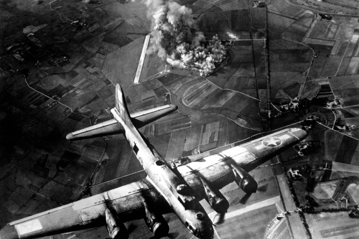 US Army bomber attacking factory at Marienburg, Germany, on 9 October 1943