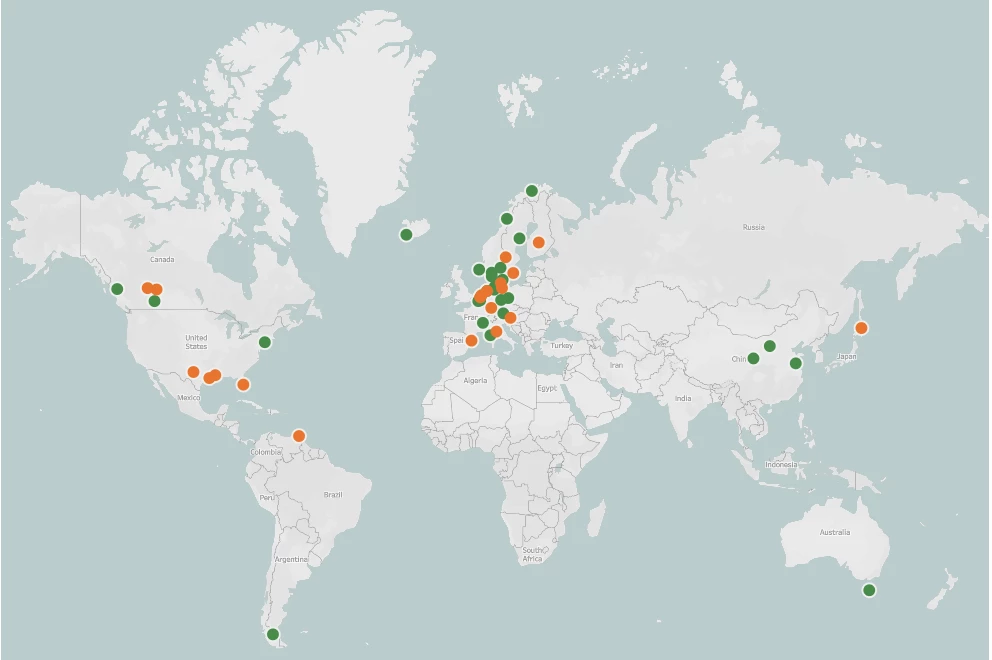The Methanol Institute's map of global biomethanol (orange) and e-methanol (green) projects
