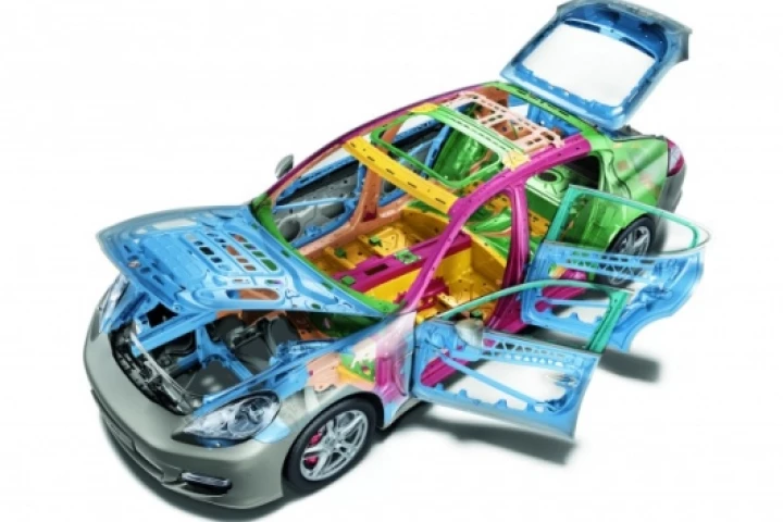 The Panamera's lightweight body, showing different materials used