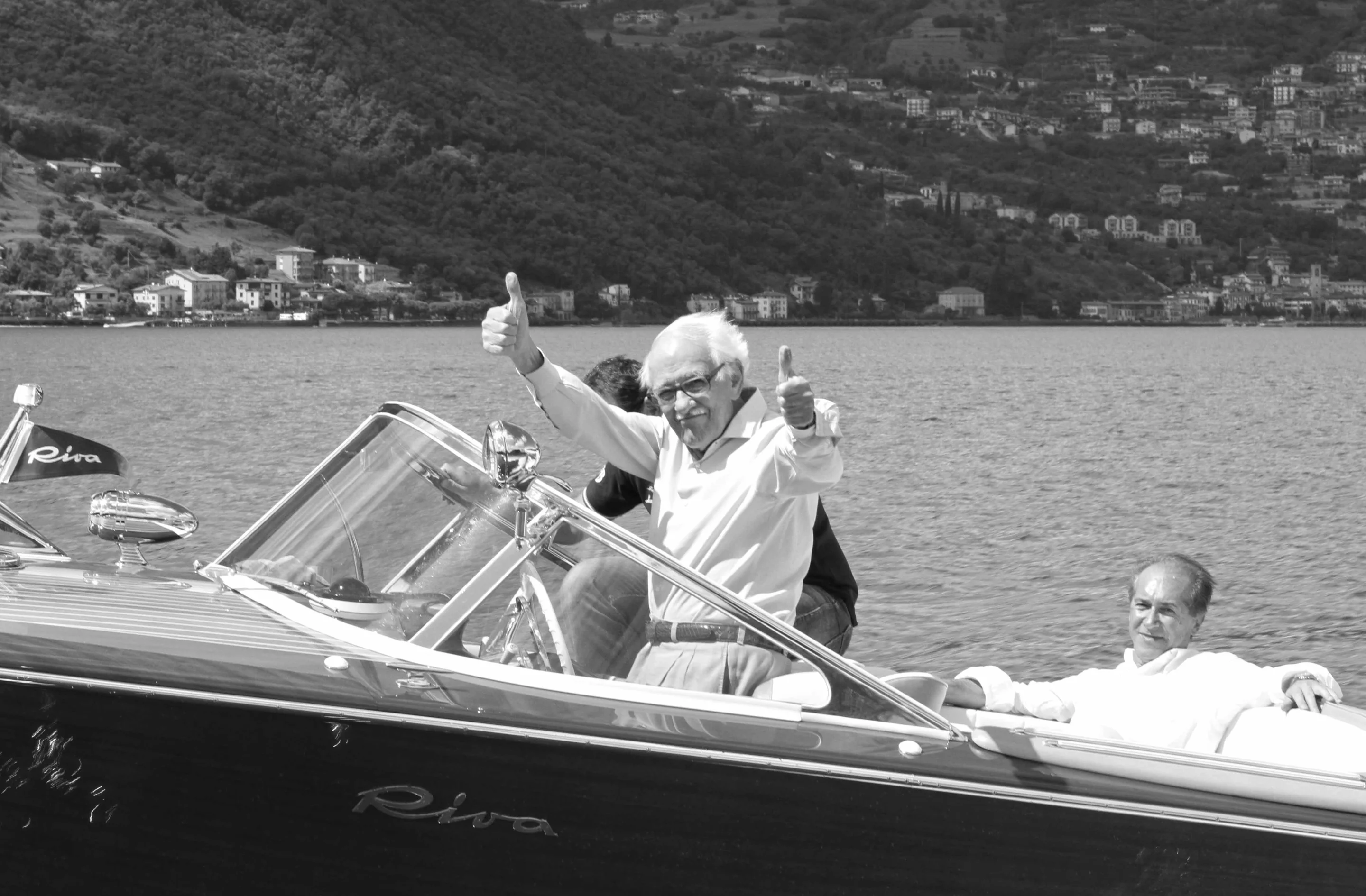 Carlo Riva rides in the restored Riva Aquarama