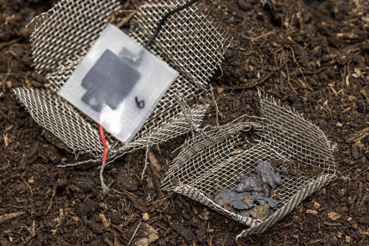 The mini-capacitor in its functional form (left) and after being buried in the soil for two months – the wire mesh is not part of the device