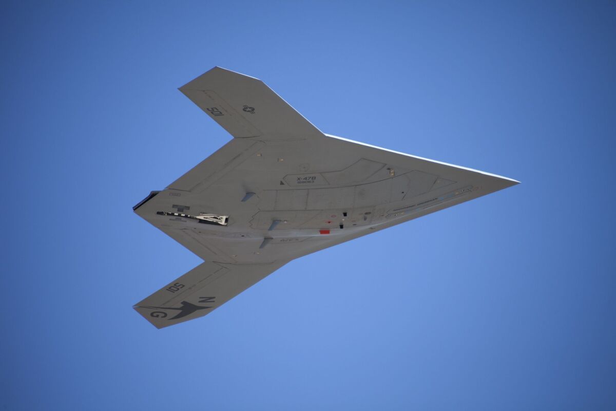 The X-47B demonstrator's first flight in cruise configuration