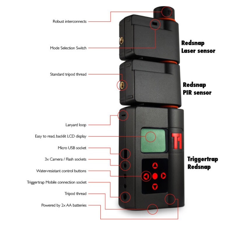 The Triggertrap Redsnap has a robust-looking protruding interconnect for additional sensors