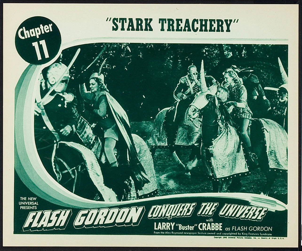 Flash Gordon was featured in three serial films: Flash Gordon (1936), Flash Gordon's Trip to Mars (1938), and Flash Gordon Conquers the Universe (1940). These movie serials were popular during the first half of the 20th century, consisting of a series of weekly episodes exhibited in consecutive order at theaters during the “shorts.” Each episode ended in a “cliffhanger” which helped to entice the audience back to the movie theater the following week for the next feature film, making the extremely popular Flash Gordon important to generating box office in movie theaters as audiences followed his adventures over months. Lobby cards such as this were important in promoting the next episode of the serial and are now highly sought after by collectors