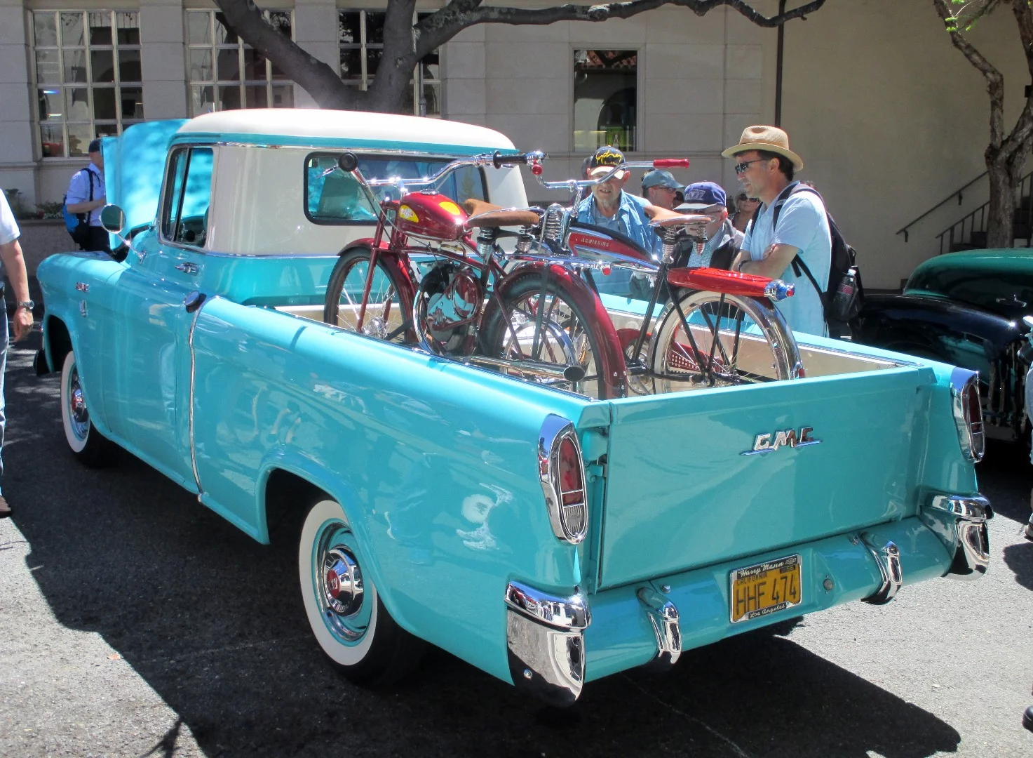1956 GMC Suburban (GMC's version of Cameo) with a couple of Whizzers on Ocean Avenue