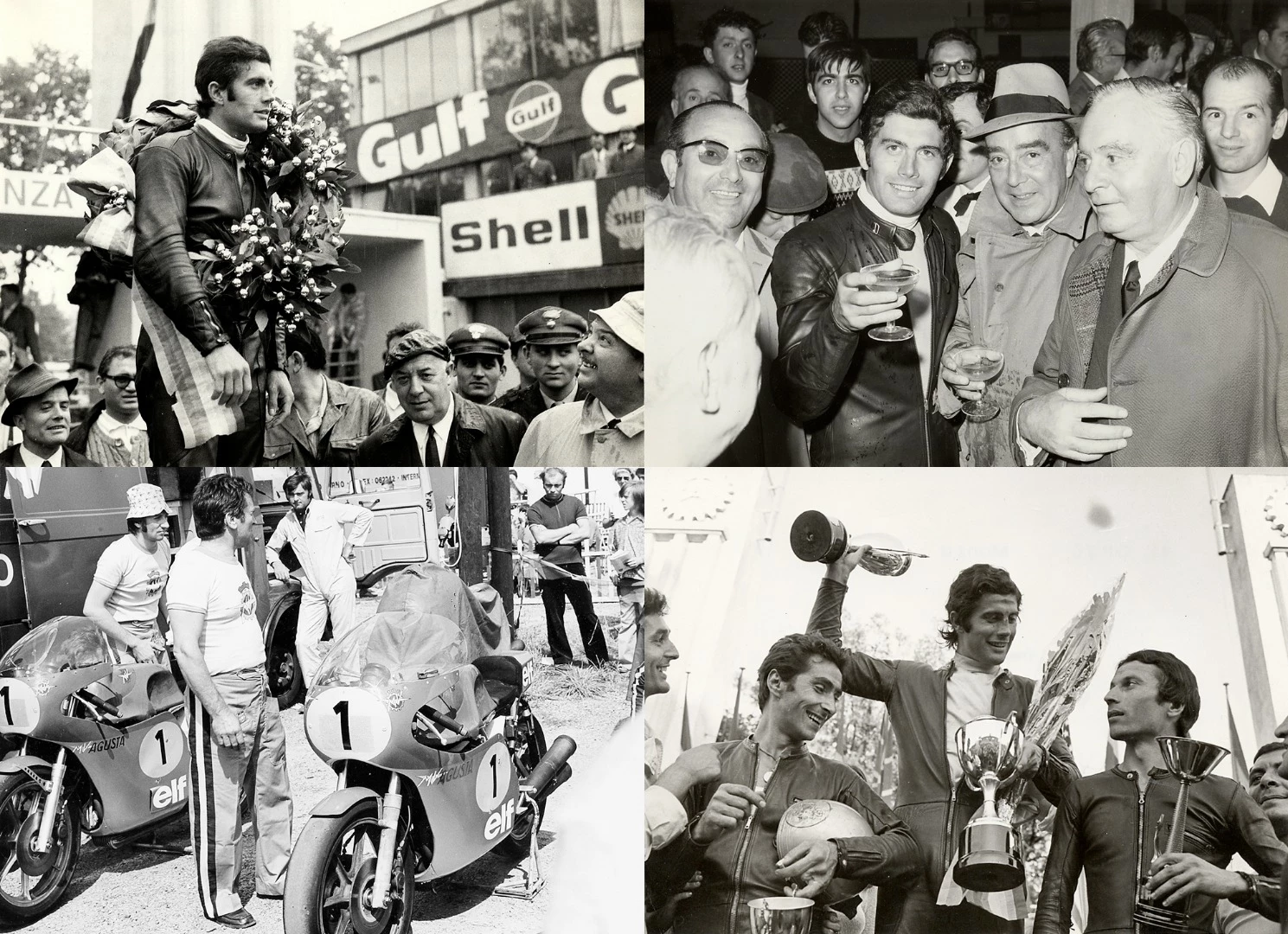 MV Agusta was unstoppable at the height of its power. On several occasions, after accumulating enough points to win the title with several races to spare, Agostini and MV Agusta would sit out the last few races of the season so that other riders and marques could enjoy the top step of the podium. That's the Count in the image at top right, enjoying a glass of victory bubbly with Giacomo Agostini.