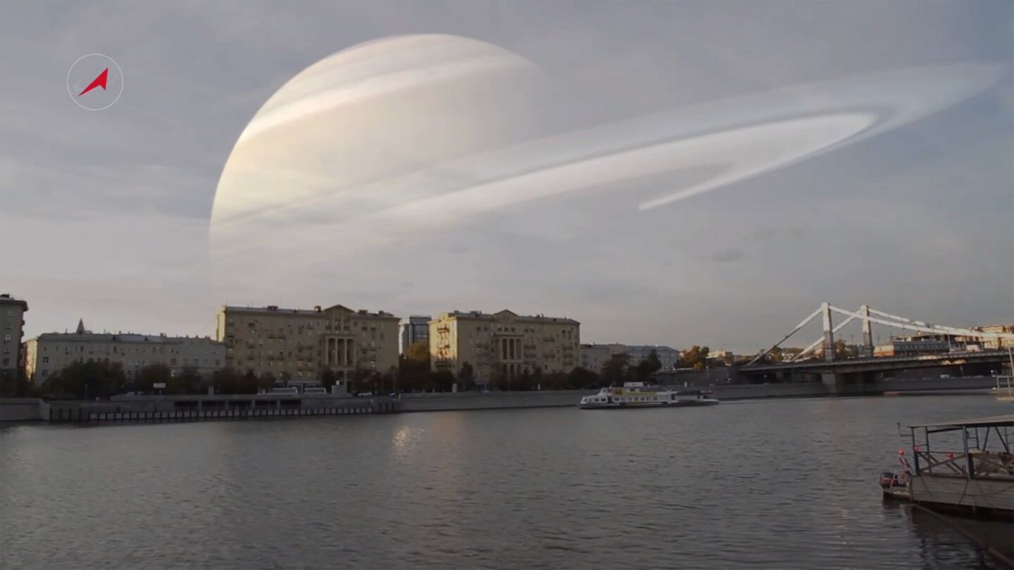 Roscosmos image showing the ringed planet Saturn in place of the Moon (Image: TV Roskosmos)