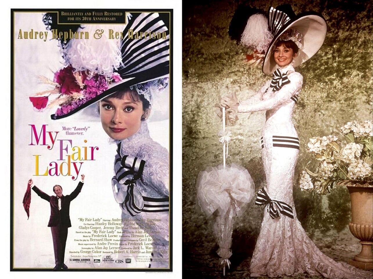The magnificent dress worn by Eliza Doolittle (Hepburn) in her "coming out" moment at the Ascot races in the film adaptation of George Bernard Shaw's 1913 play Pygmalion. Pygmalion became a smash hit musical stage play in 1956 as My Fair Lady and subsequently enjoyed even more success as a 1964 movie in which this dress appeared.Profiles in History auctioned the dress in 2011 for $4.4 million.