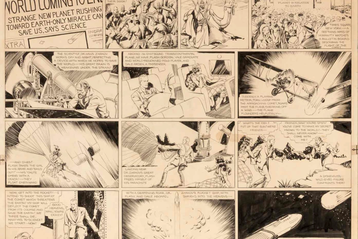 Alexander Raymond’s first Flash Gordon comic strip debuted on January 7, 1934, introducing the handsome “Flash Gordon, Yale graduate and world-renowned polo player” and his lovely companion, Dale Arden, who parachute out of a crashing plane and are ‘shanghaied’ by Dr. Hans Zarkov aboard his rocket ship launched to intercept the threatening planet Mongo hurtling towards Earth. Thus began the fantastical space opera that, by the late 1930s, was published in 130 newspapers across the globe, translated into eight languages, and read by over 50 million people.