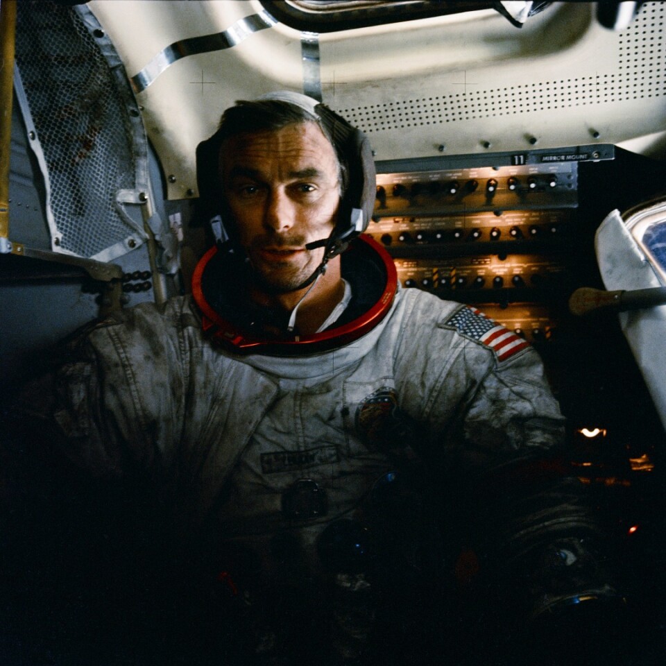 NASA astronaut commander Eugene Cernan inside the lunar module on the Moon after his second moonwalk of the Apollo 17 mission