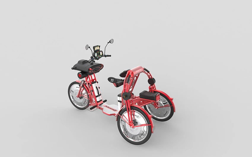 The passenger sits in the very back, gripping hand-holds to either side of the driver