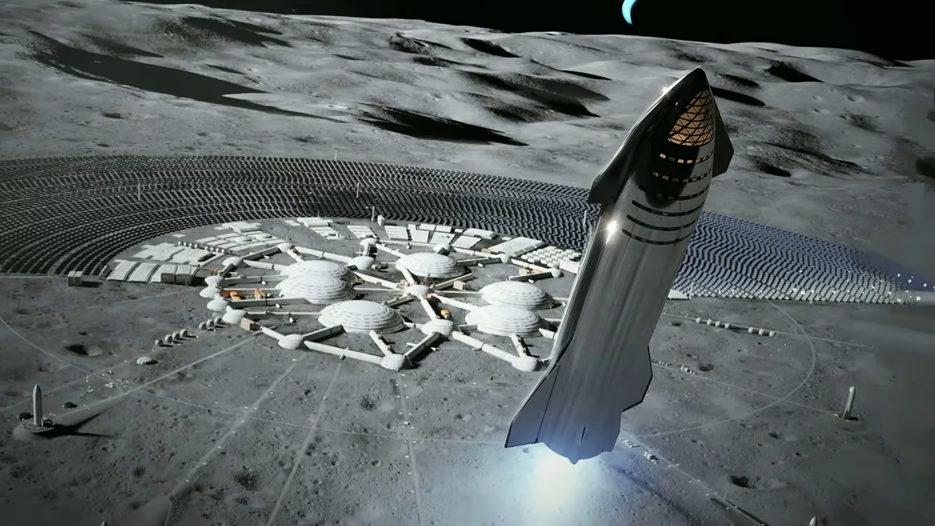 Artist's impression of a Starship spacecraft in close proximity to a lunar colony
