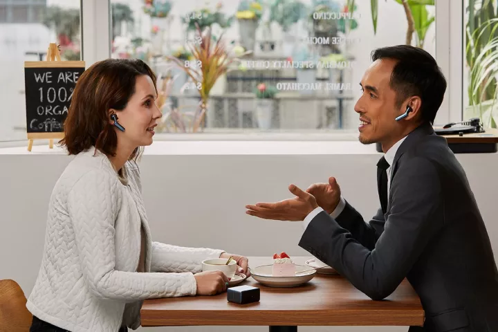 Timekettle's bone-conducting buds are designed to be shared for real-time translation – even in crowded, noisy environments