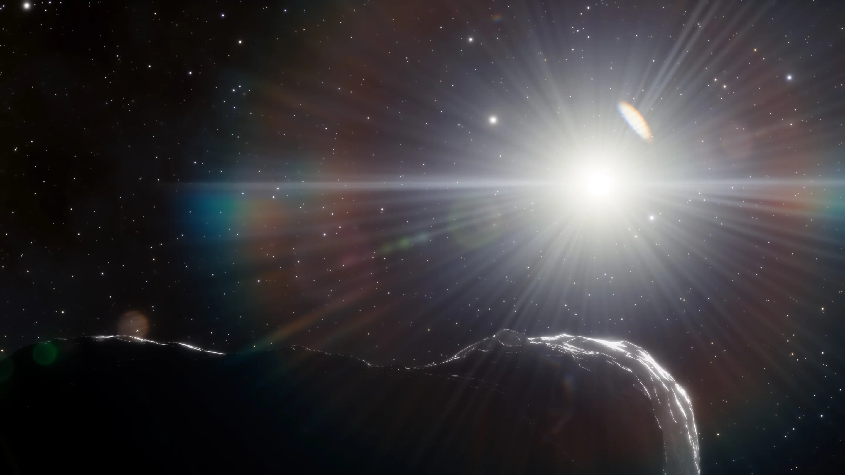 An artist's impression of a large asteroid obscured by the glare of the Sun