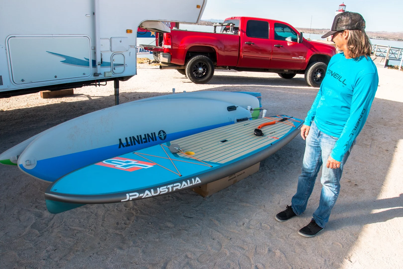 JP Australia paddleboard has a keel on the front, and is set up for fishing