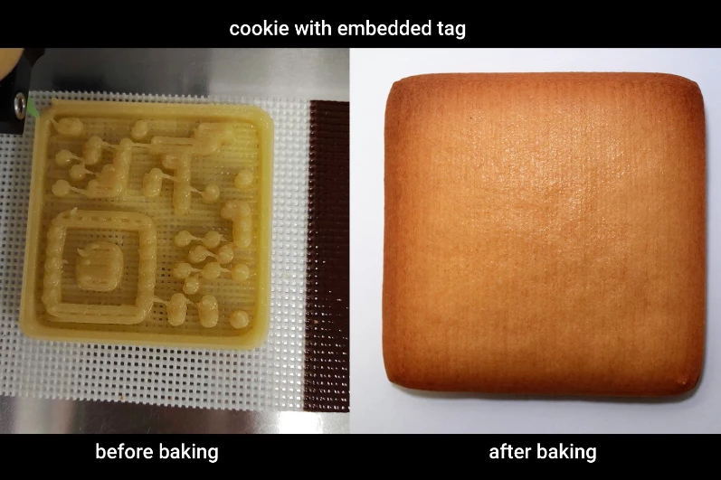 A 3D-printed edible QR code (left), and the finished cookie that contains it