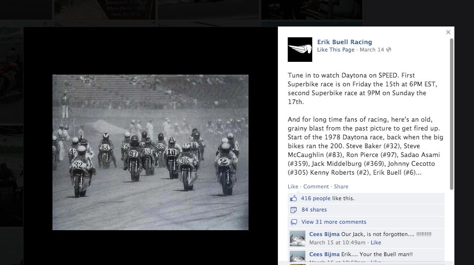 From EBR's facebook page - the start of one of the world's most important motorcycle races at the time - the 1978 Daytona 200. Steve Baker (32), Johnny Cecotto (305), Kenny Roberts (2), Steve McLaughlin (83), Ron Pierce (97), Sadao Asami (359), Jack Middelburg (369) and Erik Buell (6).