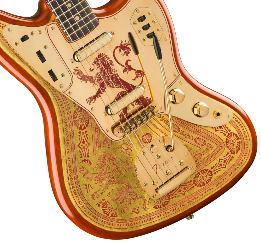 The Game of Thrones House Lannister Jaguar has heraldic carving on the front, back and headstock