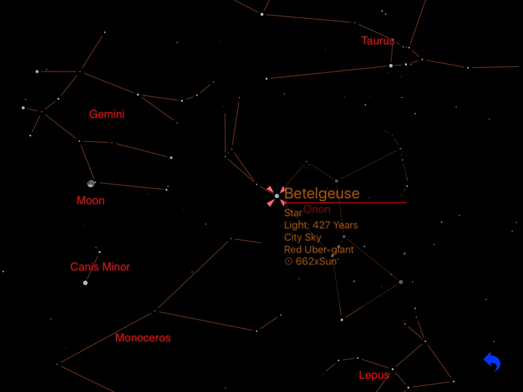 Moving the cursor over an object in the sky brings up more information