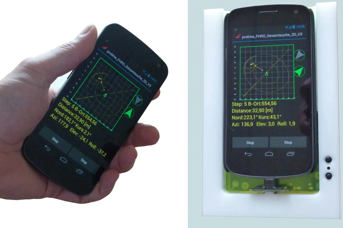 The Galileo-SmartLVS hardware (prototype pictured) coupled with the LawinenFon app transforms a smartphone into an avalanche transceiver (Photo: Fraunhofer IML)