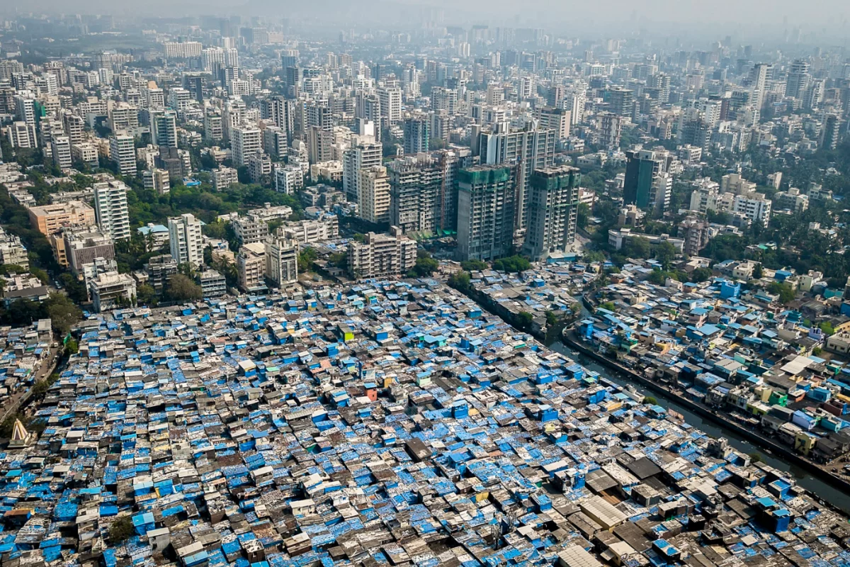 Downtown Mumbai, with slums in the foreground