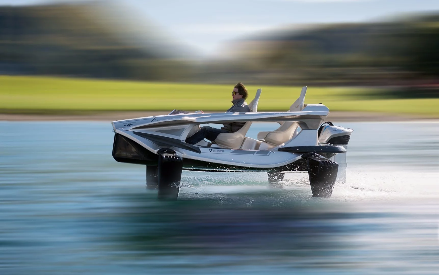 The Quadrofoil Q2 sits on four c-shaped hydrofoil legs
