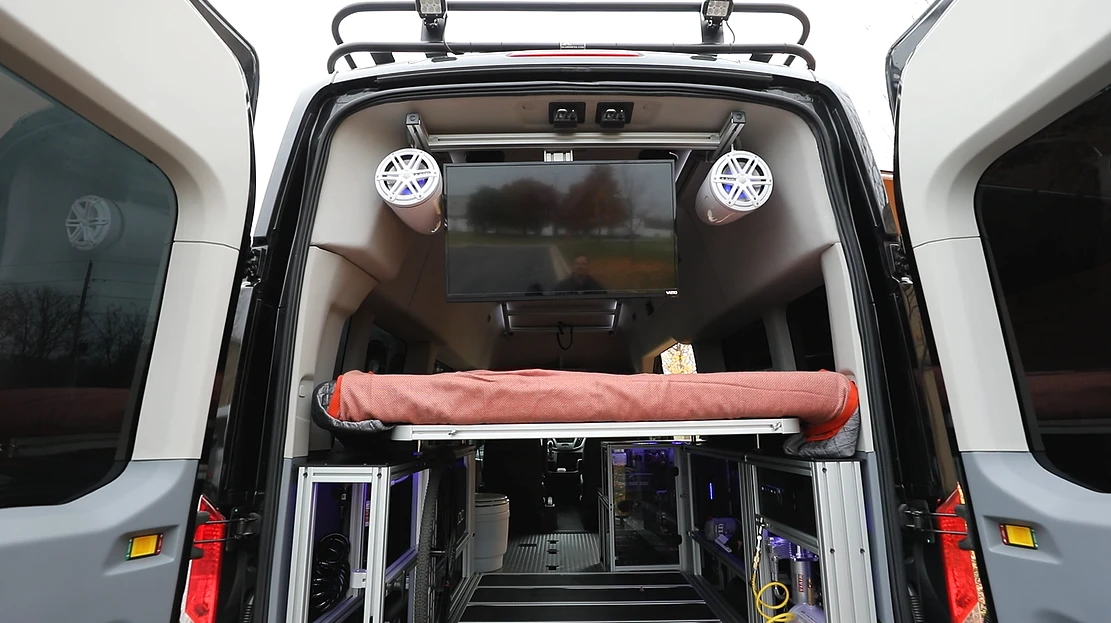 TV mounted at the rear for more of a tailgating/outdoor entertainment layout
