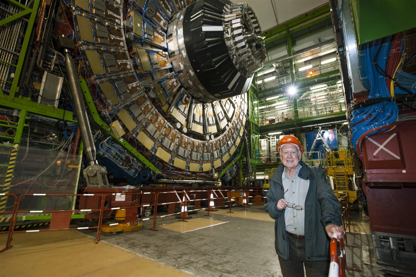 Physicist Peter Higgs, whom the Higgs boson is named after, visiting the Large Hadron Collider in 2008