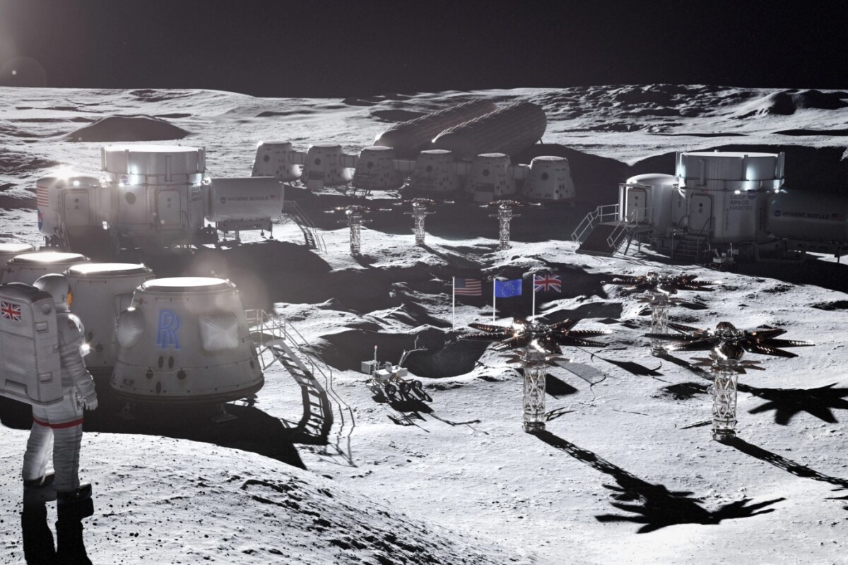 Concepción artística de una base lunar alimentada por un reactor nuclear Rolls-Royce. Crédito: Rolls-Royce Concepción artística de una base lunar alimentada por un reactor nuclear Rolls-Royce. Crédito: Rolls-Royce