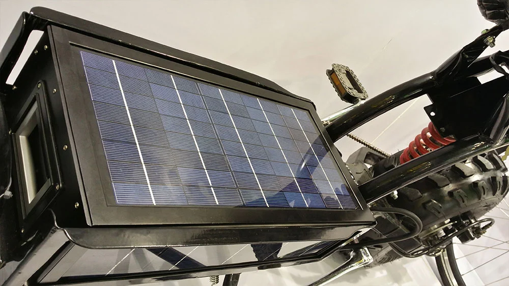 The Beast's 60-V 12-AH lithium battery can be topped up by 15 W-hr solar panels which channel energy from the sun with continuous trickle charging