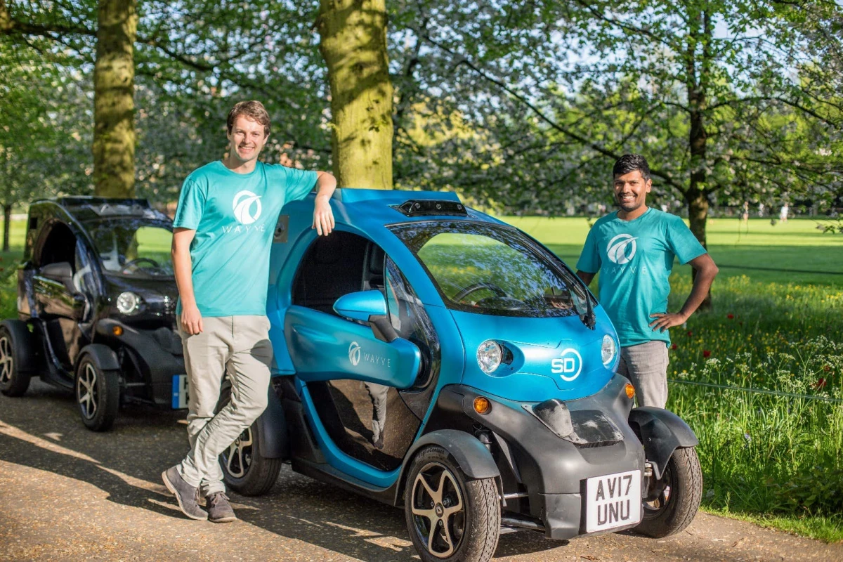 Wayve co-founders Alex Kendall and Amar Shah. Their fast-learning AI autonomous car is now doing short trips on unfamiliar roads in the UK.