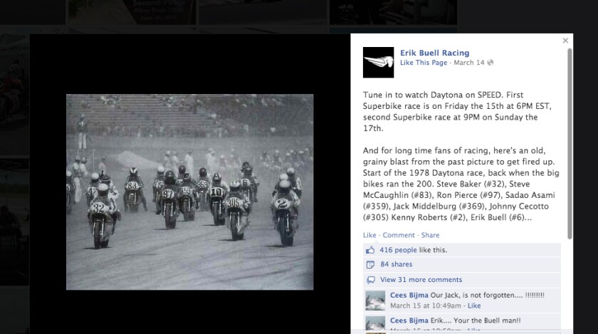 From EBR's facebook page - the start of one of the world's most important motorcycle races at the time - the 1978 Daytona 200. Steve Baker (32), Johnny Cecotto (305), Kenny Roberts (2), Steve McLaughlin (83), Ron Pierce (97), Sadao Asami (359), Jack Middelburg (369) and Erik Buell (6).