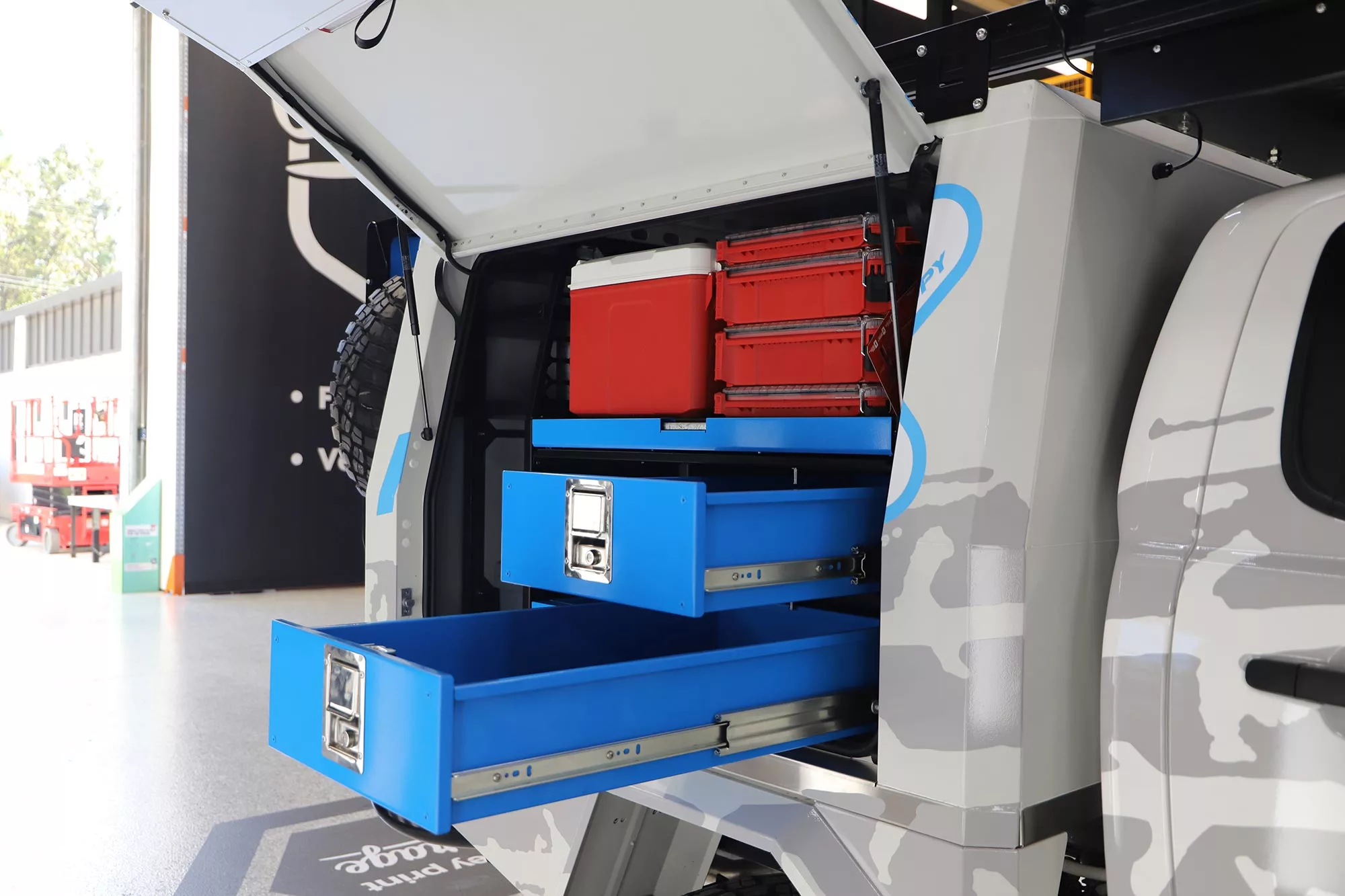 For work purposes, XL offers shelving built to hold Milwaukee's Packout toolboxes, along with drawers