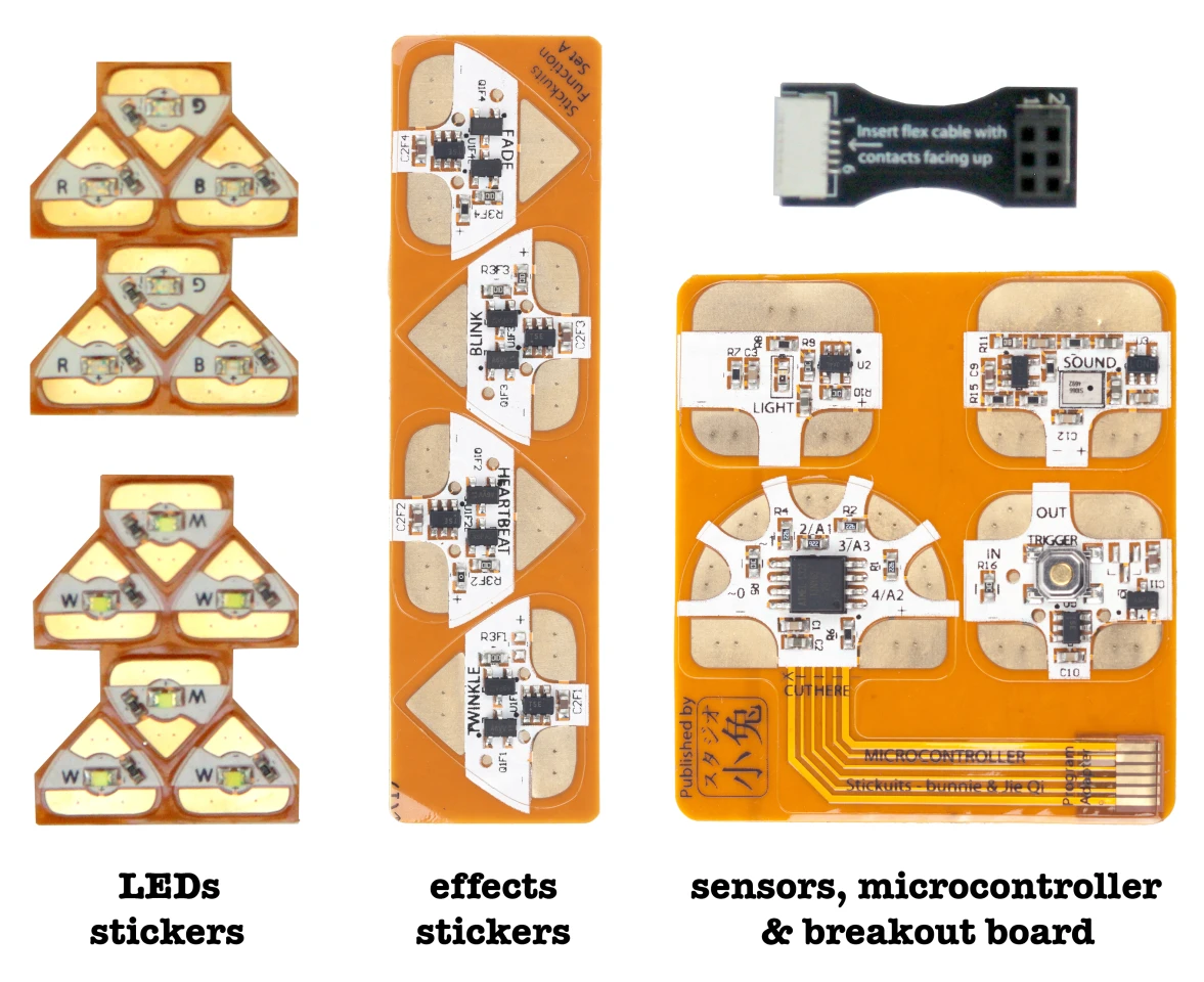 Chibitronic stickers include LEDs, different effects, sensors, and microcontrollers