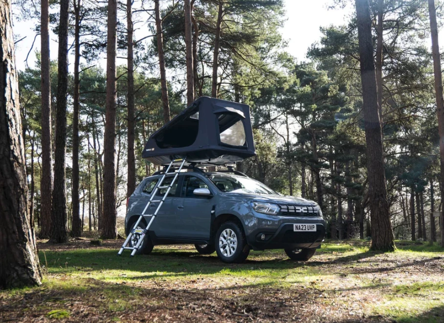 The ladder can be set up on either side of the tent